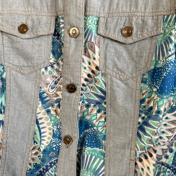 Chico’s Patchwork Denim Jacket Blue Boho Print Cotton Size Medium (1) - Picture 6 of 10